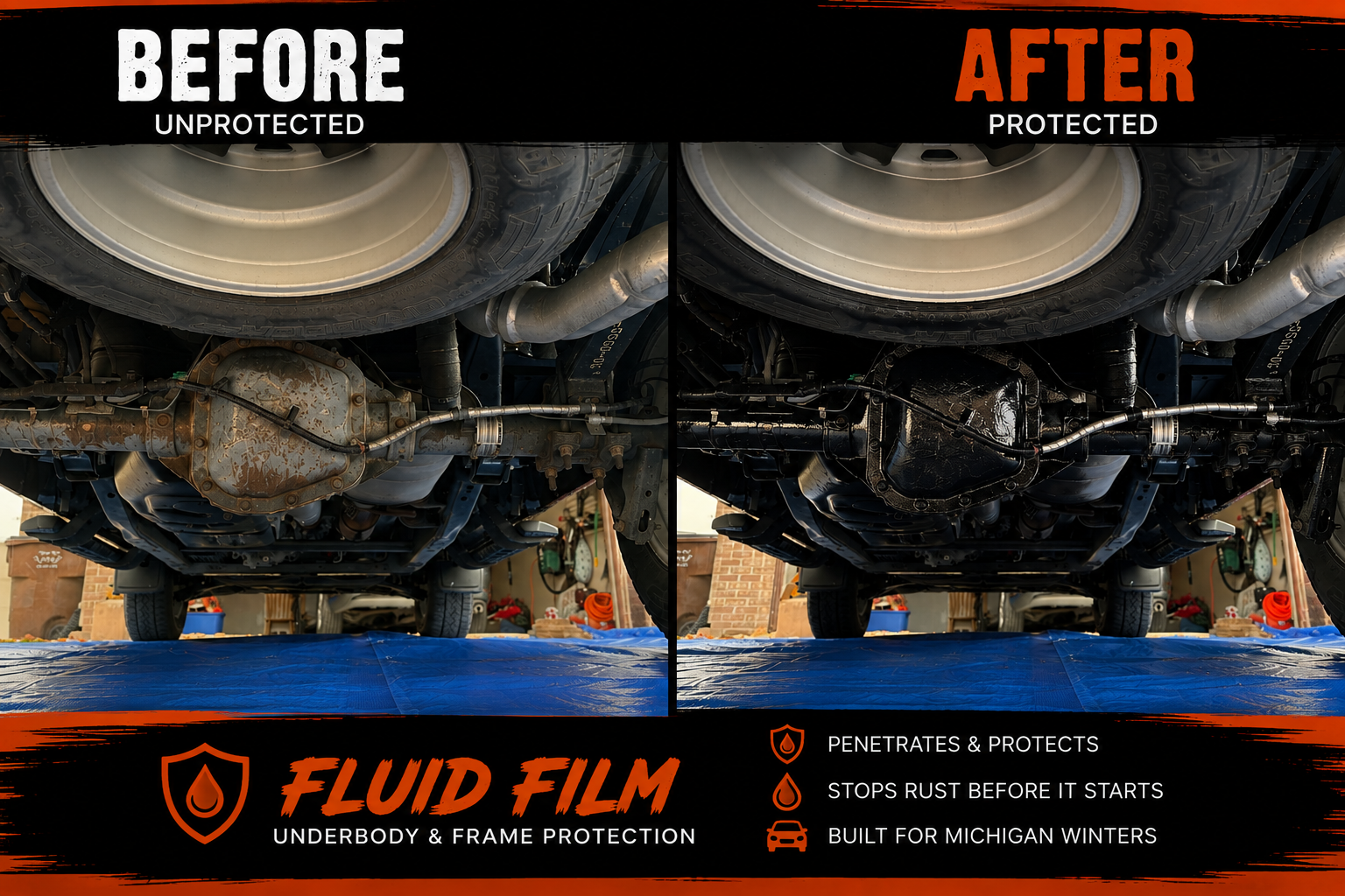 Before and after Fluid Film underbody protection on a truck axle and frame